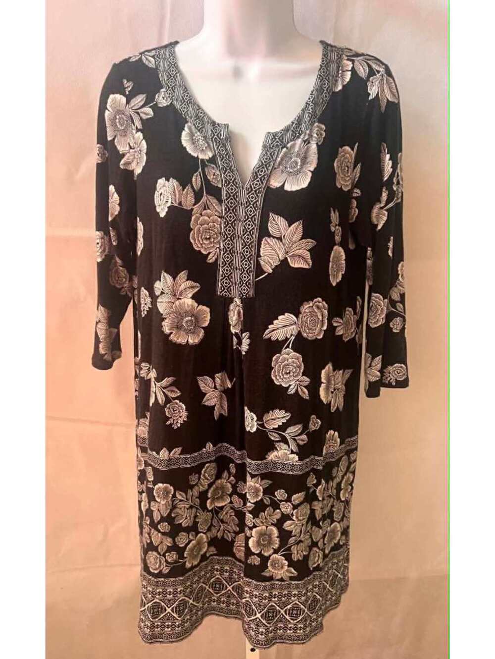 J.Jill Floral Print Long Sleeve Shift Dress Black White S Petite